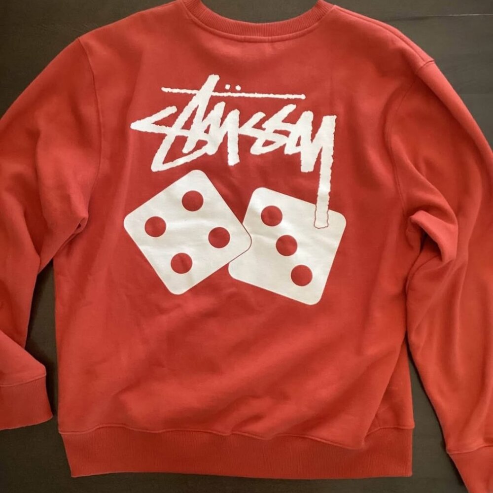 Stussy Mens Desert Sky Brick Red Double Print Logo Dice Crew sweater Large